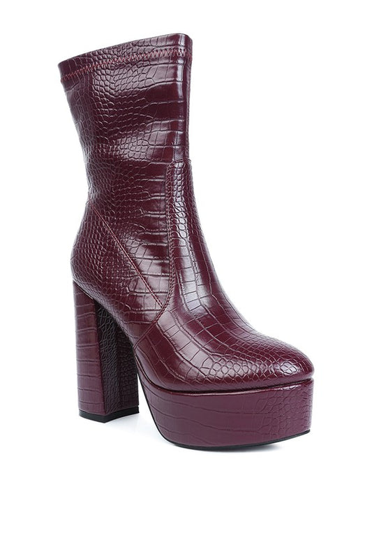 Feral High Heeled Croc Pattern Ankle Boot